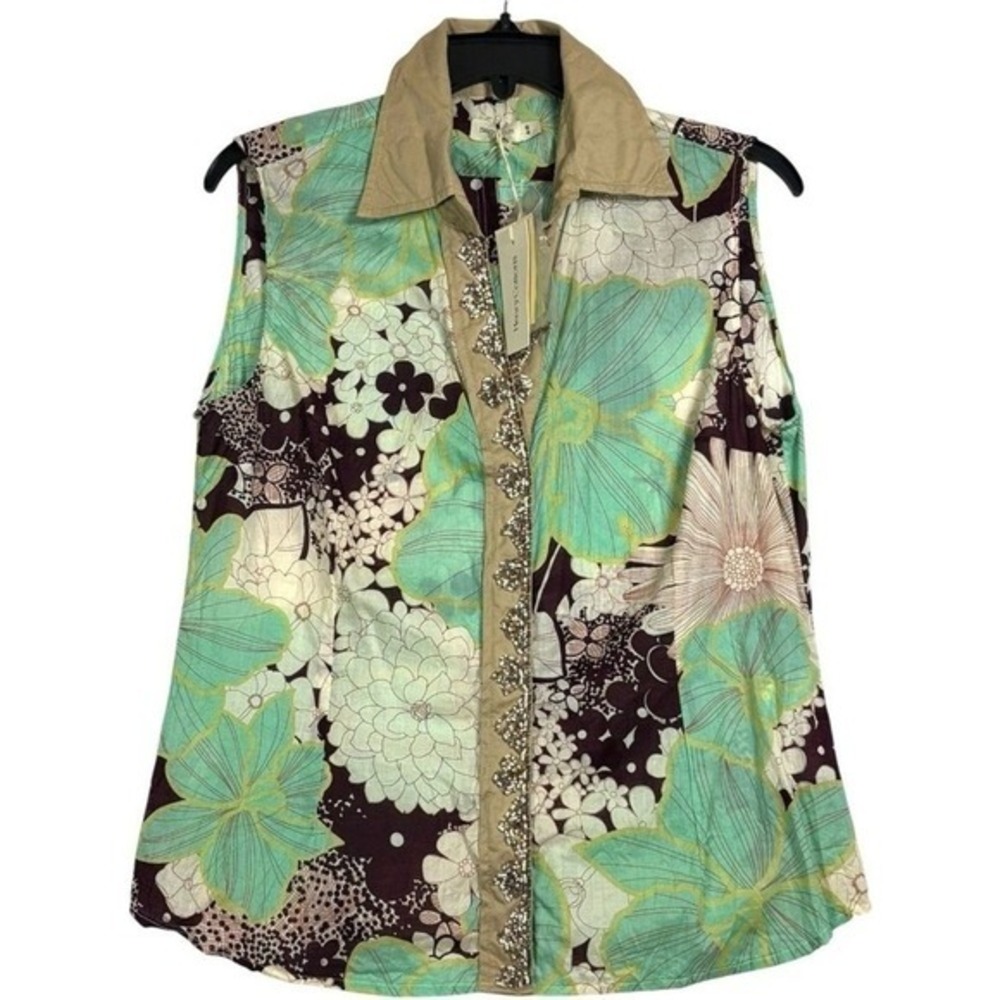 Henry Cotton's Floral Sleeveless Beaded Button Up Shirt Green Size 48 XL‎ NWT
